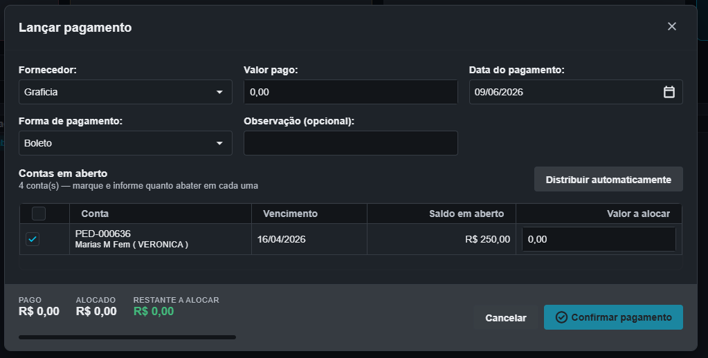 Contas a pagar agrupadas por fornecedor, com data de vencimento e situação.