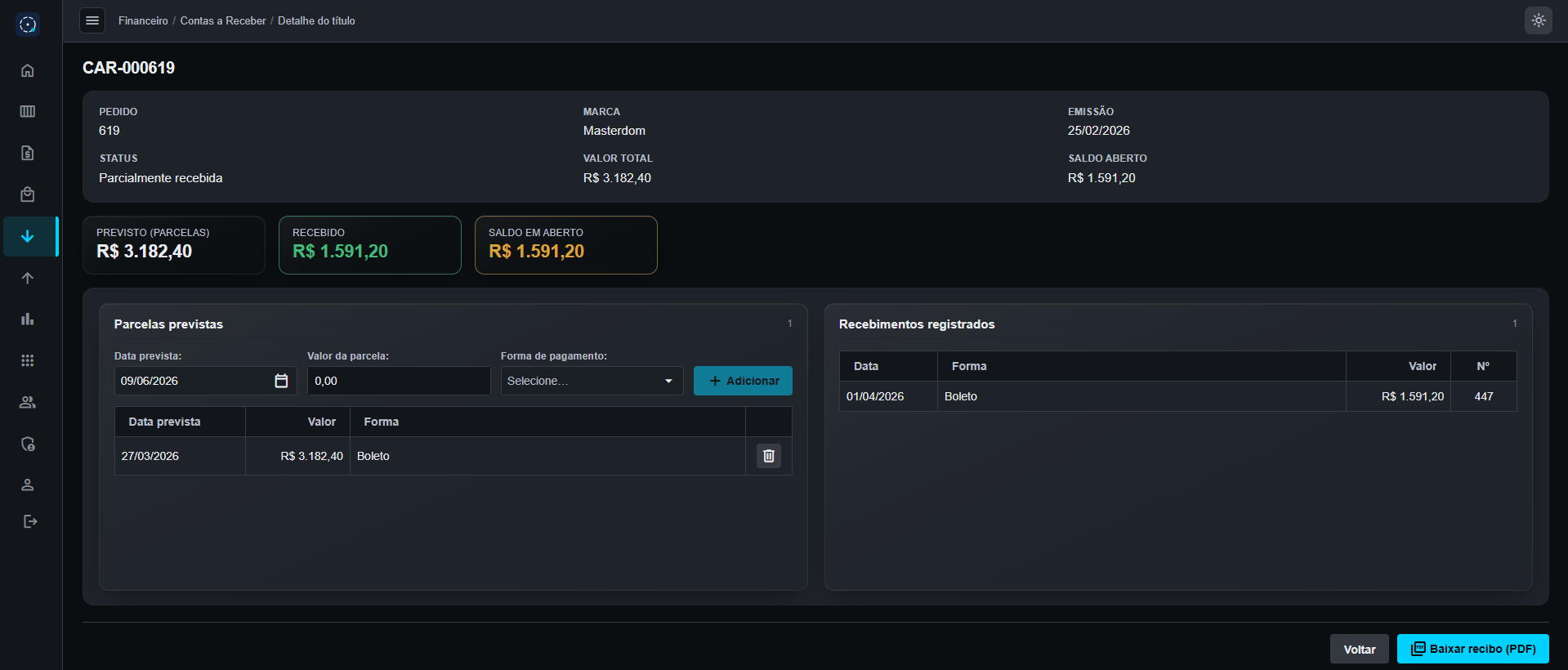 Contas a receber por cliente com parcelas previstas e status.