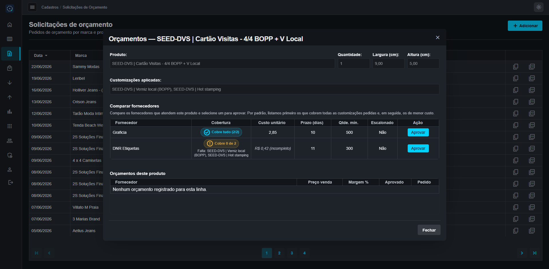 Cotação comparando fornecedores por custo, prazo, mínimo e cobertura das customizações.