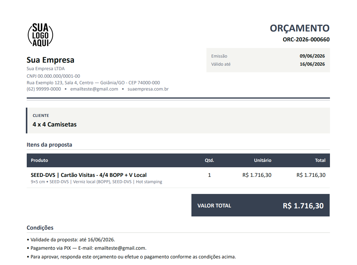 Orçamento em PDF com a marca, dados e rodapé da empresa.