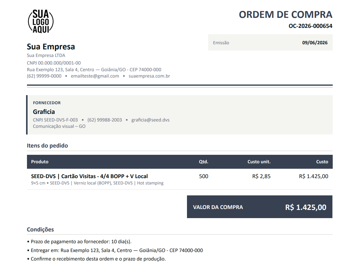 Ordem de compra em PDF para o fornecedor, com a marca da empresa.