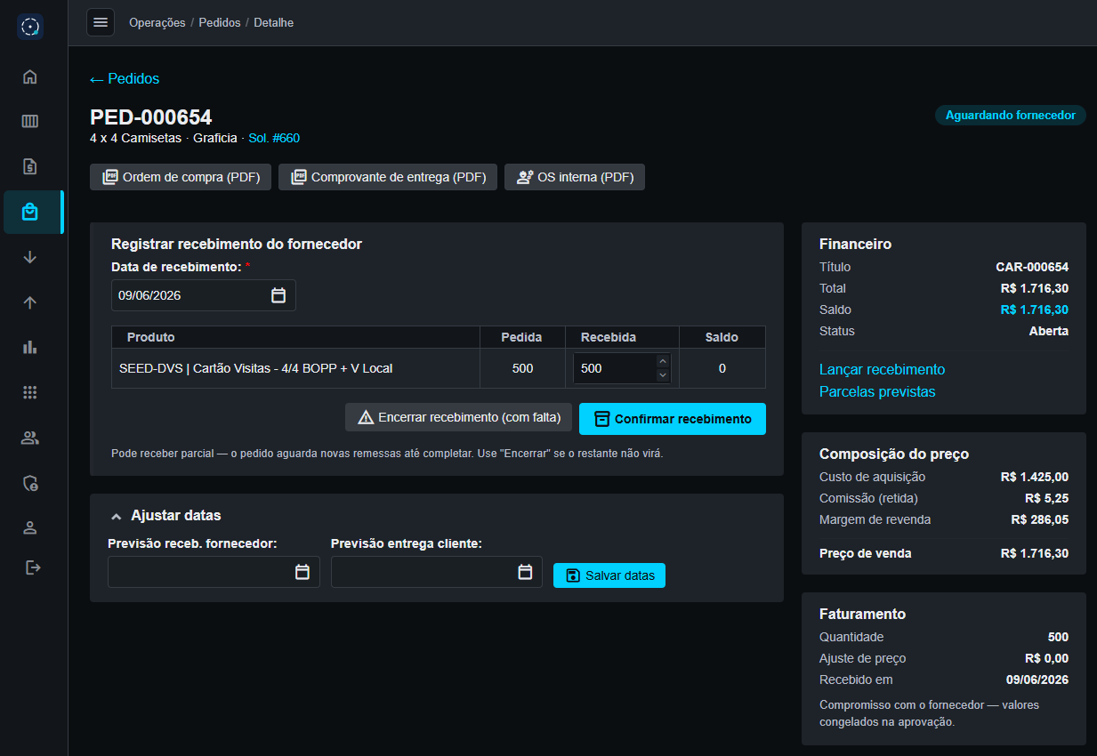 Detalhe do pedido com status colorido e previsões de recebimento e entrega.